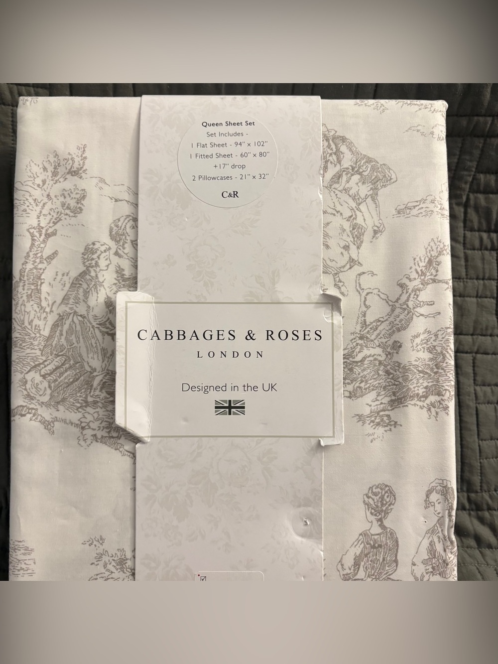 Cabbages & Roses LONDON Country Toile Linen 4-Piece Queen Sheet Set NEW